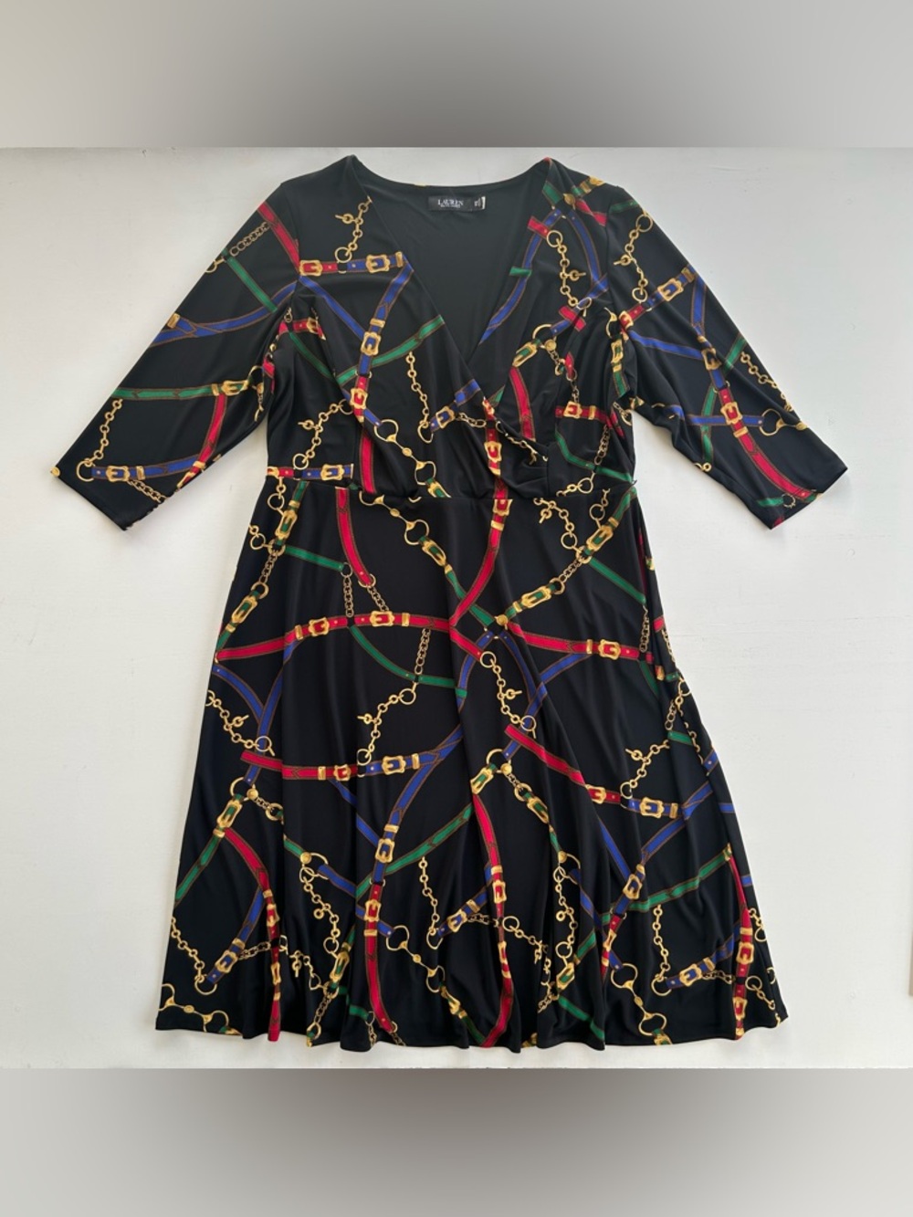 Ralph Lauren Black Label Belting Chain Print Jersey Dress Stretch Womens 18